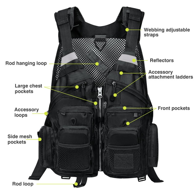 Gonex Fly Fishing Vest for Men Women, Comfortable Adjustable Fishing Vest with Multi-Pockets Reflective Stripes, Black - Image 3